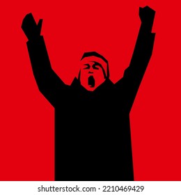 The protesting guy screams and raises his hands up on the red background. A simple geometric image of a participant in a political rally. Geometric vector image of a man for cards, social banner and p