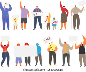 Protesting hypertrophy people vector illustration set. Demonstration protest, man, woman and child taking part political meeting,parade. Cartoon male, female protester activist holding banner placard