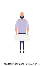 Protesting man in full growth with a banner. Strike concept. Cartoon style.