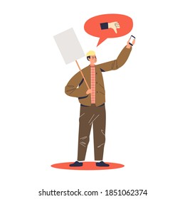 Protesting man holding placard and dislike sign at activist meeting or demonstration. Cartoon male character protest against racism or politics. Flat vector illustration