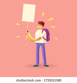 Protesting man holds banner on a pink background. Parade or rally, mass meeting, demonstration and protesting concept. Youth defends their rights. Cartoon vector illustration