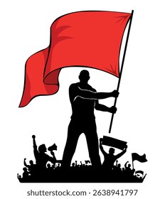 Protesting man silhouette with red flag over crowd rebels with flags and streamer. Revolution vector template