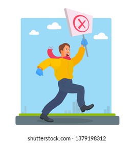 Protesting man walks across the square with a poster in his hand, shouts. Jacket, scarf, gloves. Social, political crisis. City silhouette and sky in the background. Vector flat design illustration.