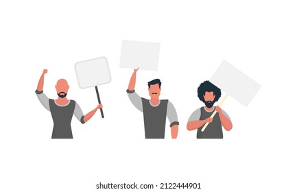 Protesting men with a banner. Isolated on white background. Vector illustration.