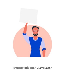 Protesting men with an empty banner. Isolated. Flat style, vector.