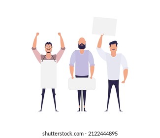 Protesting men with an empty banner. Isolated on white background. Cartoon style.
