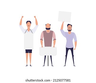 Protesting men with an empty banner. Isolated on white background. Flat style, vector.