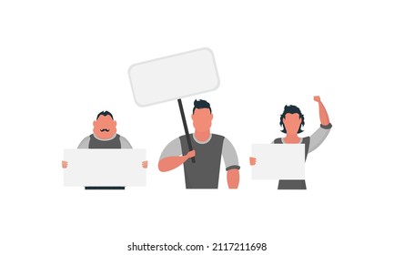 Protesting men with an empty banner. Strike concept. Flat style, vector.