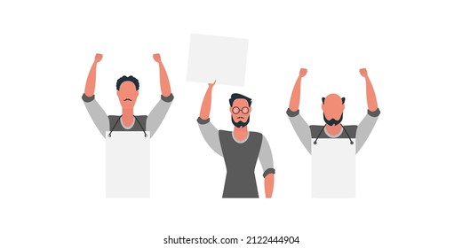 Protesting men with an empty banner. Strike concept. Cartoon style.