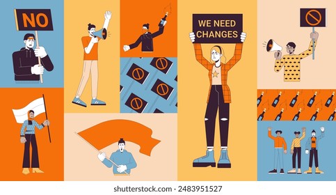 Protesting movement bento grid illustration set. Democracy solidarity 2D vector image collage design graphics collection. Gen z demonstrators adults multicultural flat characters moodboard layout