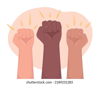 Protesting people 2D vector isolated illustration. Raised fists flat hand gestures on cartoon background. Revolution and fight colourful editable scene for mobile, website, presentation