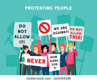 Protesting people activist composition with doodle style human characters of angry people holding placards with text vector illustration