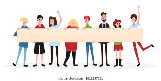 Protesting people activist composition with group of young people holding wide horizontal placard with empty space vector illustration
