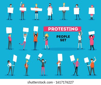 Protesting people activist set with text and isolated doodle style characters of young protesters with placards vector illustration