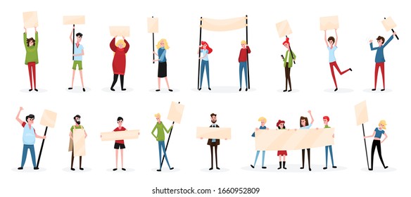 Protesting people activist sign board set with isolated characters of protesters with empty placards and shadows vector illustration