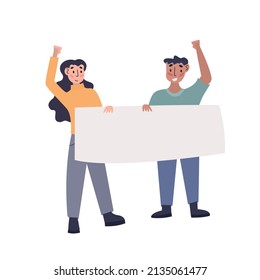 Protesting people. Activists demonstration concept. Man and woman with empty placards. Vector illustration.