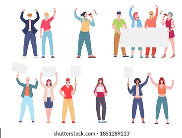 Protesting people activists on meeting with placards, vector male female demonstrators cartoon characters set. Protest movement on picket against human rights violation, illustration isolated on white