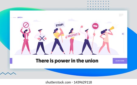 Protesting People Against Election or Candidate Voting Holding Placards on Strike or Demonstration, Protest Banners and Signs Website Landing Page, Web Page. Cartoon Flat Vector Illustration, Banner