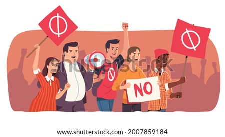 Protesting people. Angry protester men, women holding no sign placards, megaphone on demonstration or rally. Casual activist crowd protest against rights violation. Protest flat vector illustration