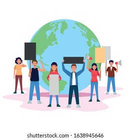 protesting people with banners and megaphone in the world planet vector illustration