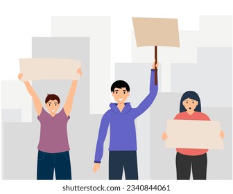 Protesting people in the city, activists  holding placards, activists at a rally in the city, Protest against discrimination and violation of rights