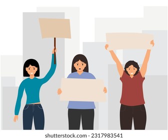 Protesting people in the city, women holding placards, activists at a rally in the city, Protest against discrimination and violation of rights