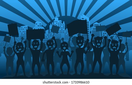Protesting people. A crowd of angry protesters with flags and banners in the background of the city