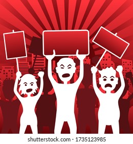 Protesting people. A crowd of angry protesters with flags and banners in the background of the city