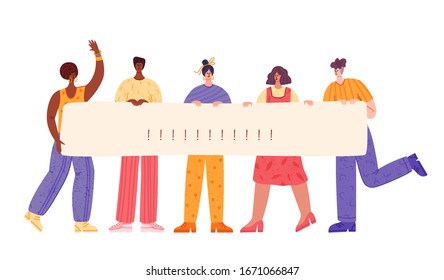 Protesting people crowd holding empty blank placard banner. Activist man and woman on meeting or parade standing together. manifesting activists demonstrating, protest concept - vector flat characters