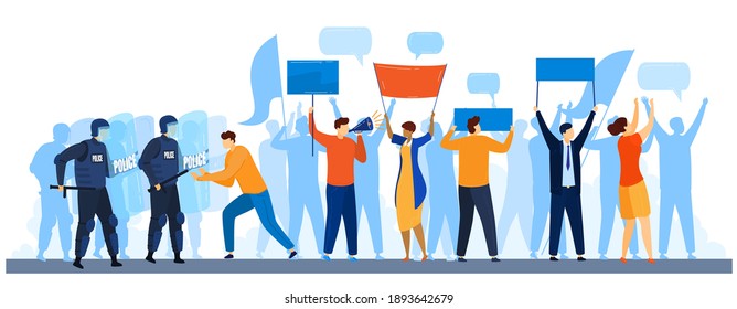 Protesting people, demonstration crowd and police vector illustration. Strike, human riot, protest signs and bullhorn, crowd of people protesters,  crisis poster. Revolution placard.