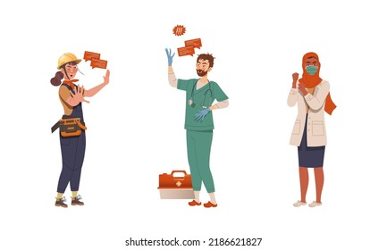 Protesting people of different professions set. Protesters discussing social issues and shouting with megaphone vector illustration