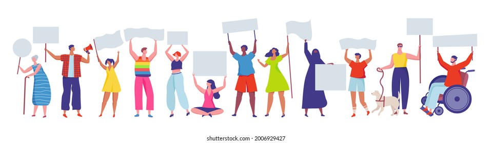 Protesting people. Diverse group of men and women participating in protest or demonstration. Protesters holding signs and placards vector set. Female and male activists with signboards