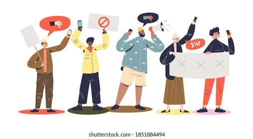 Protesting people group. Crowd of activists on demonstration holding placards on strike. Cartoon men and women at political meeting. Vector illustration