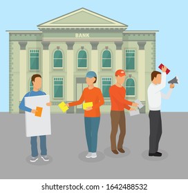 Protesting people group in picket in front of bank building facade vector illustration. Demonstration of activists with leaflets and speaker against financial economic crisis and bank policy.