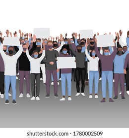 Protesting people with hands up in medical face masks seamless pattern