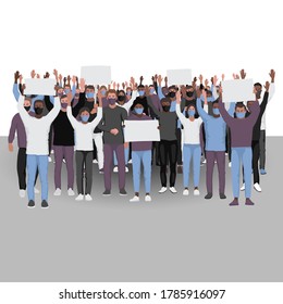 Protesting people with hands up in medical face masks. Public protest illustration