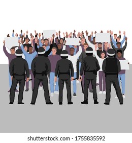 Protesting people with hands up and the police. Public protest illustration