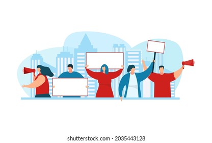 Protesting people hold placard, white banner, vector illustration. Activist man woman character protest together, demonstration with poster sign