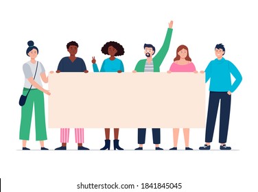 Protesting people holding a blank placard. Young and modern activists on parade or political meetings standing together. Expression of political, social position. Vector flat illustration. 