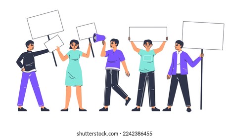 Protesting people holding empty banners. Demonstrating activists, political or environmental manifesting activists, street demonstration flat vector illustration on white background