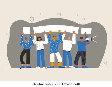 Gente protestando con carteles, megáfono. Gente unida y en blanco. Grupo de hombres y mujeres con pancartas participando en desfile, reunión, piquete, manifestación. Ilustración vectorial.