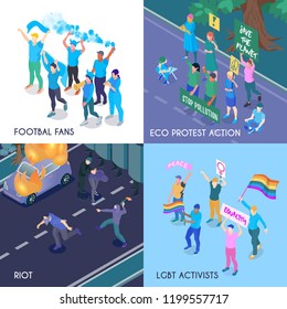 Protesting people isometric design concept with football fans eco meeting riot and lgbt activists isometric vector illustration 