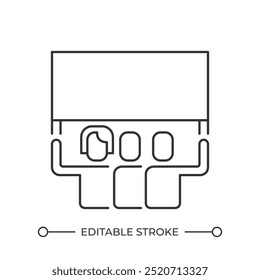 Icono lineal de personas que protestan. Anuncio de demostración. Concepto de activismo. Defensa de los derechos humanos. Movimiento social. Ilustración de línea delgada. Símbolo de contorno. Dibujo de contorno de Vector. Trazo editable
