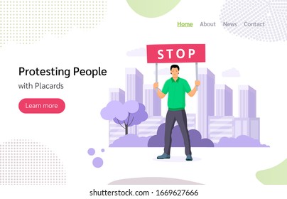 Protesting people man with placards with stop sign. Holding placards on strike or demonstration, man take part in rally, political meeting against war, environmental pollution landing page vector