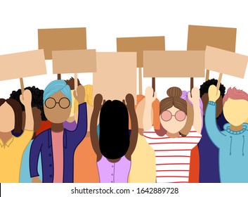 Protesting people on demonstration, crowd holding placards, flat style vector illustration isolated on white background