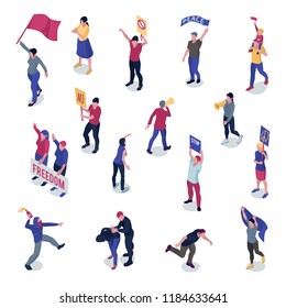 Protesting people with placards and flags during manifestation or picketing set of isometric icons isolated vector illustration