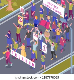 Protesting people with placards and flags during street procession in protection human rights isometric vector illustration