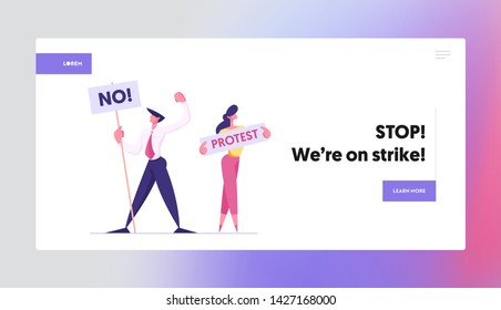 Protesting People with Placards on Demonstration Holding Banners and Signs Against Election or Candidate Voting Citizen Protest Website Landing Page, Web Page. Cartoon Flat Vector Illustration, Banner
