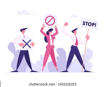 Protesting People with Placards on Strike or Demonstration, Male, Female Characters with Banners and Signs Against Presidential Election or Candidate Voting, Protest, Cartoon Flat Vector Illustration