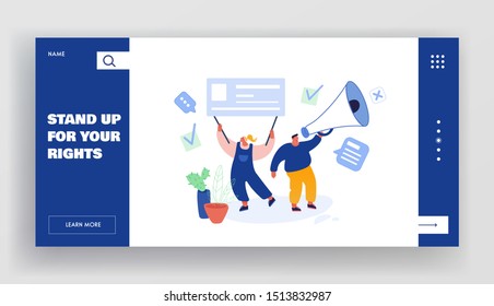 Protesting People with Placards on Strike or Demonstration, Banners and Signs Against Election or Candidate Voting, Protest, Website Landing Page, Web Page. Cartoon Flat Vector Illustration, Banner